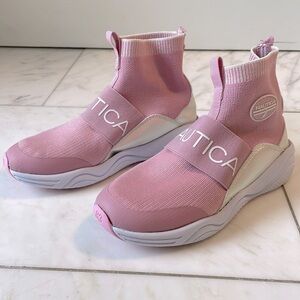 Nautica, girls 2, pink and iridescent white stretchy sock boot sneakers